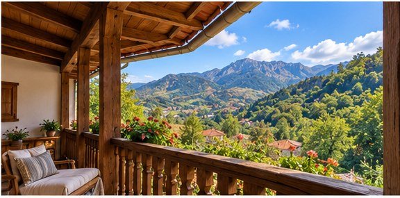 Balcón de madera con vistas a la vegetación
