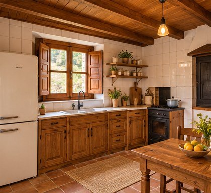 Cocina equipada con mobiliario de madera y comedor