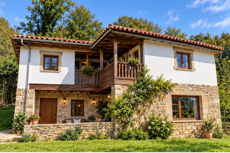 Casa de piedra y madera de La Posada de la Reina, rodeada de vegetación