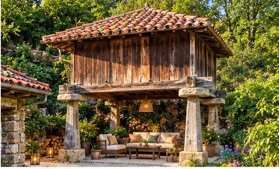 Hórreo tradicional asturiano junto al jardín
