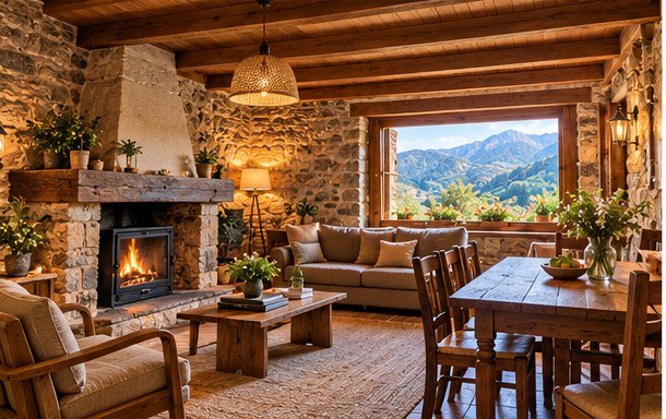 Salón-comedor rústico con piedra, madera y chimenea